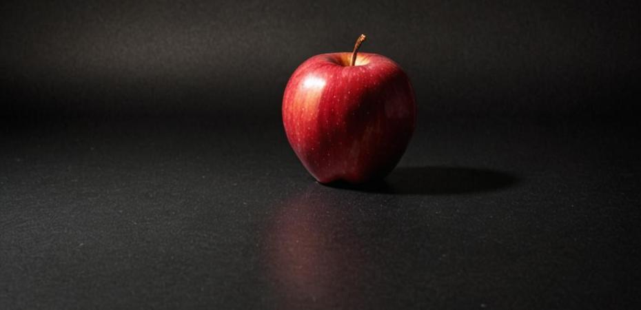 an image of a red apple in front of a black bacground under studio lighting, in hdr format